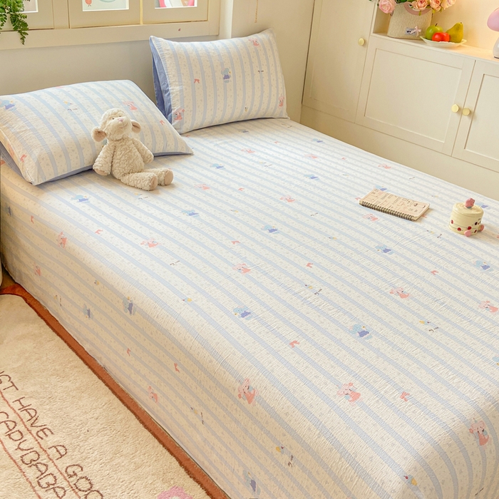 91家纺网 家纺一手货源 找家纺 夜笙家纺 2025新款110克水洗棉双层纱单床单系列 魔法小象-蓝