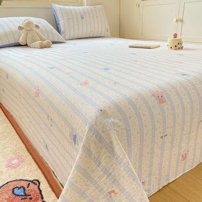 91家纺网 家纺一手货源 找家纺 夜笙家纺 2025新款110克水洗棉双层纱单床单系列 魔法小象-蓝