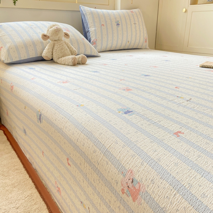 91家纺网 家纺一手货源 找家纺 夜笙家纺 2025新款110克水洗棉双层纱单床单系列 魔法小象-蓝