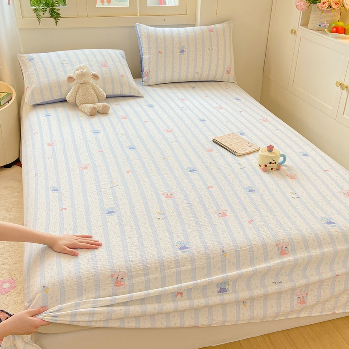 91家纺网 家纺一手货源 找家纺 夜笙家纺 2025新款110克水洗棉双层纱单床单系列 魔法小象-蓝