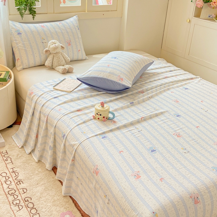 91家纺网 家纺一手货源 找家纺 夜笙家纺 2025新款110克水洗棉双层纱单床单系列 魔法小象-蓝