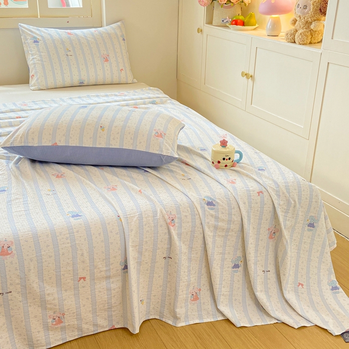 91家纺网 家纺一手货源 找家纺 夜笙家纺 2025新款110克水洗棉双层纱单床单系列 魔法小象-蓝