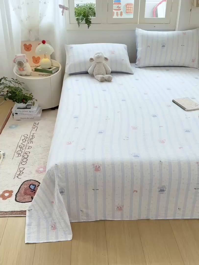 91家纺网 家纺一手货源 找家纺 夜笙家纺 2025新款110克水洗棉双层纱单床单系列 魔法小象-蓝