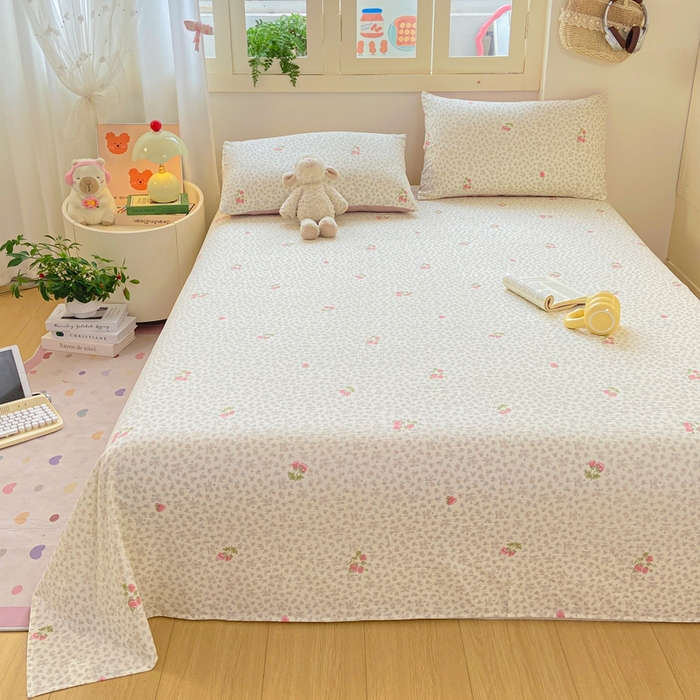 91家纺网 家纺一手货源 找家纺 夜笙家纺 2025新款110克水洗棉双层纱单床单系列 甜心草莓