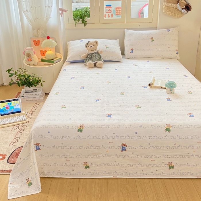 91家纺网 家纺一手货源 找家纺 夜笙家纺 2025新款110克水洗棉双层纱单床单系列 熊熊乐园