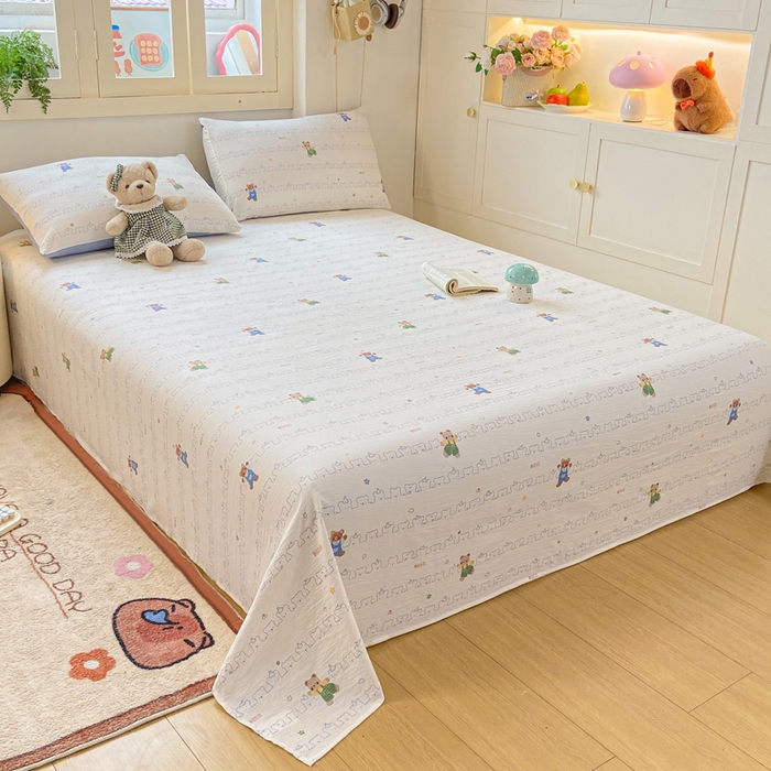 91家纺网 家纺一手货源 找家纺 夜笙家纺 2025新款110克水洗棉双层纱单床单系列 熊熊乐园