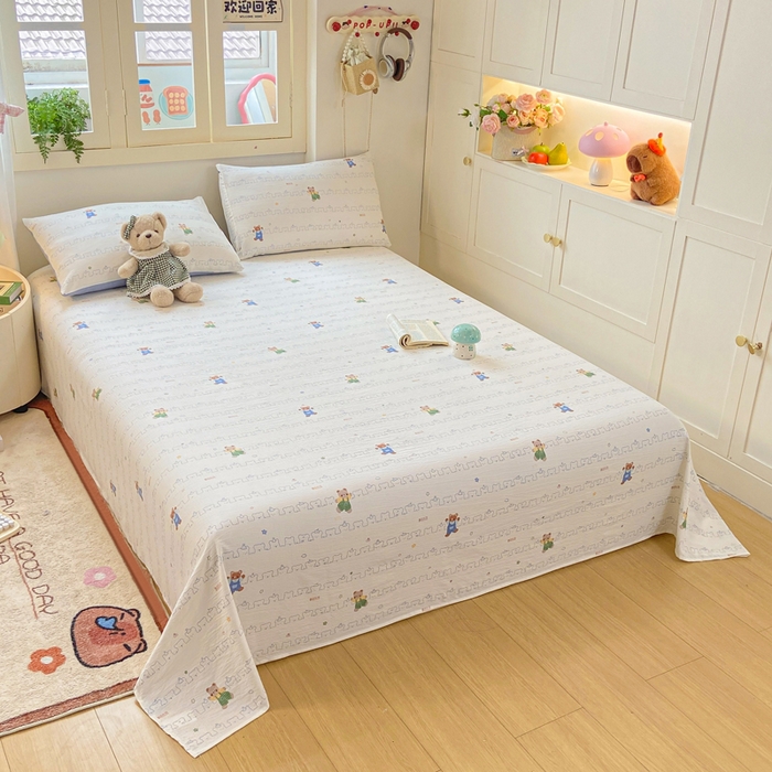 91家纺网 家纺一手货源 找家纺 夜笙家纺 2025新款110克水洗棉双层纱单床单系列 熊熊乐园