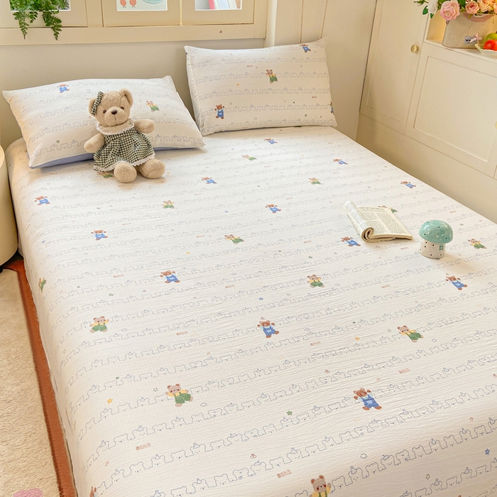 91家纺网 家纺一手货源 找家纺 夜笙家纺 2025新款110克水洗棉双层纱单床单系列 熊熊乐园