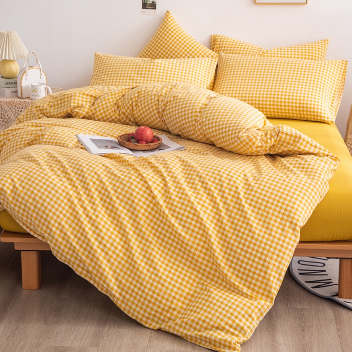 91家纺网 家纺一手货源 找家纺 千姿梦 2025新款全棉水洗棉四件套 黄小格