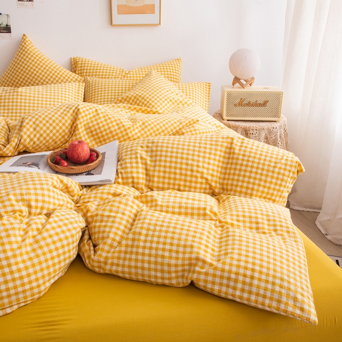 91家纺网 家纺一手货源 找家纺 千姿梦 2025新款全棉水洗棉四件套 黄小格