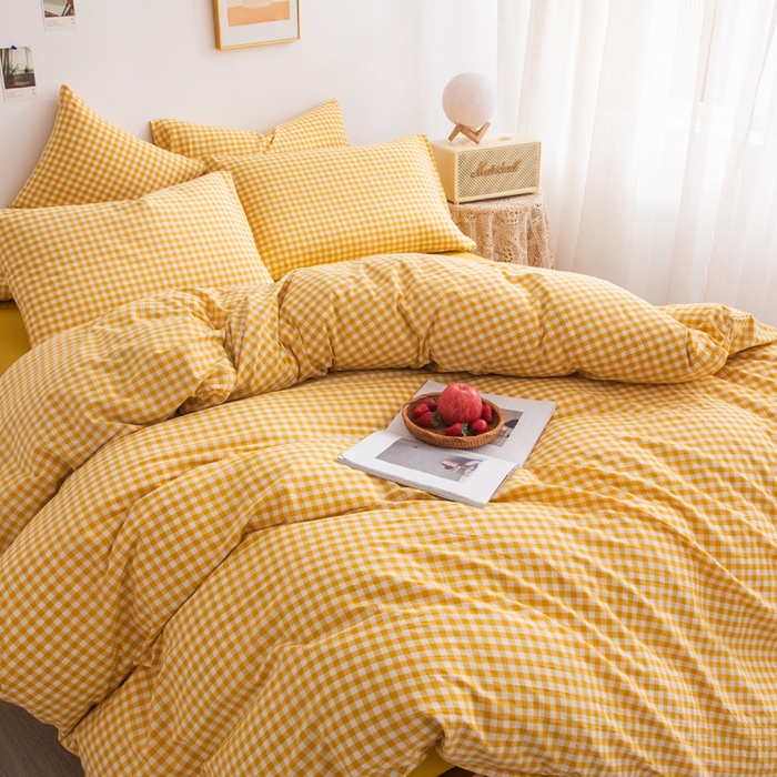 91家纺网 家纺一手货源 找家纺 千姿梦 2025新款全棉水洗棉四件套 黄小格