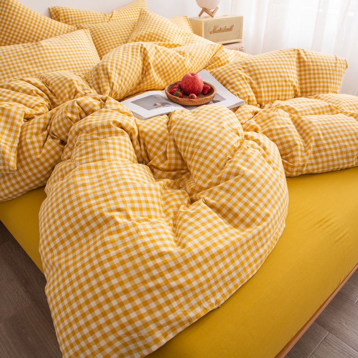 91家纺网 家纺一手货源 找家纺 千姿梦 2025新款全棉水洗棉四件套 黄小格