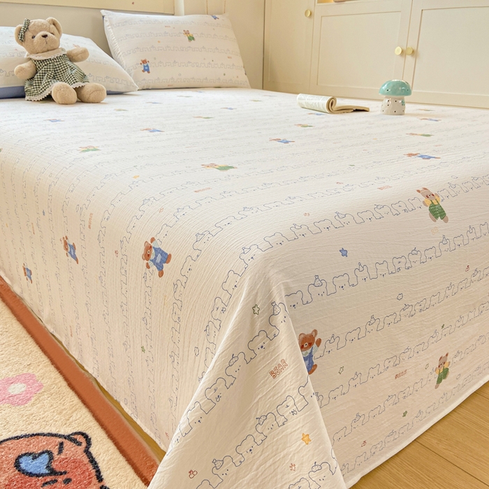 91家纺网 家纺一手货源 找家纺 夜笙家纺 2025新款110克水洗棉双层纱单床单系列 熊熊乐园