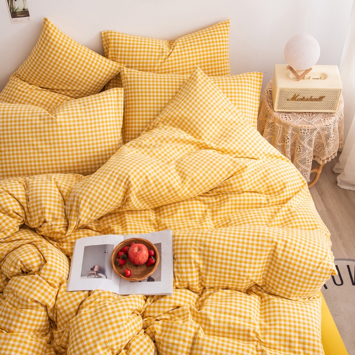 91家纺网 家纺一手货源 找家纺 千姿梦 2025新款全棉水洗棉四件套 黄小格