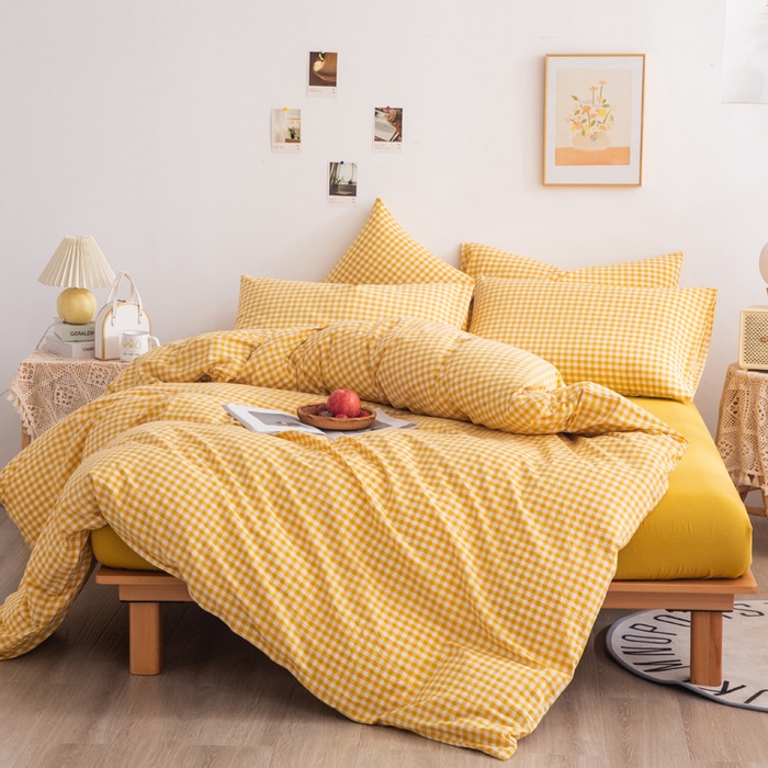 91家纺网 家纺一手货源 找家纺 千姿梦 2025新款全棉水洗棉四件套 黄小格