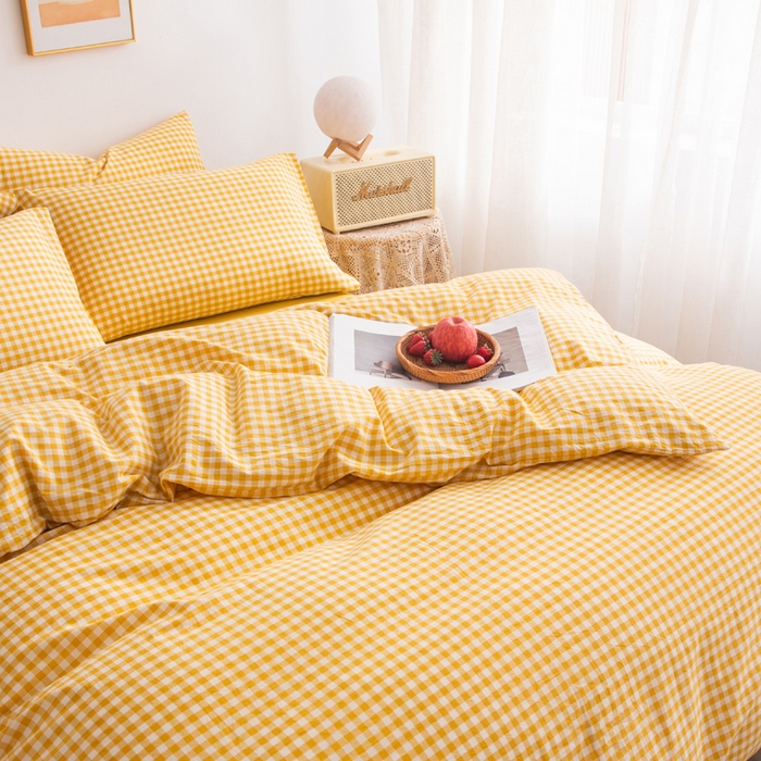 91家纺网 家纺一手货源 找家纺 千姿梦 2025新款全棉水洗棉四件套 黄小格