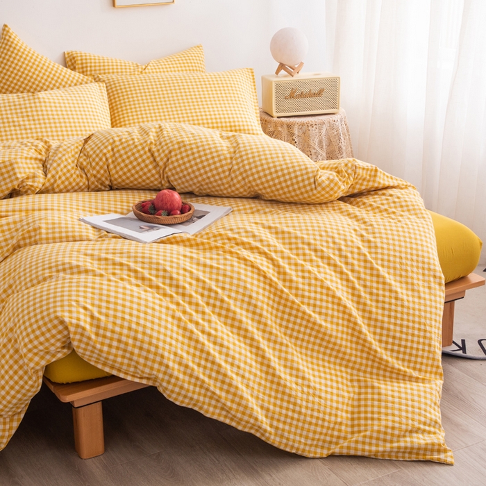 91家纺网 家纺一手货源 找家纺 千姿梦 2025新款全棉水洗棉四件套 黄小格