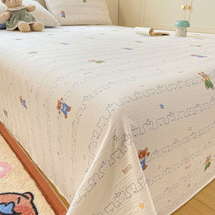 91家纺网 家纺一手货源 找家纺 夜笙家纺 2025新款110克水洗棉双层纱单床单系列 熊熊乐园