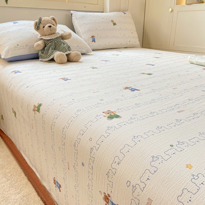 91家纺网 家纺一手货源 找家纺 夜笙家纺 2025新款110克水洗棉双层纱单床单系列 熊熊乐园