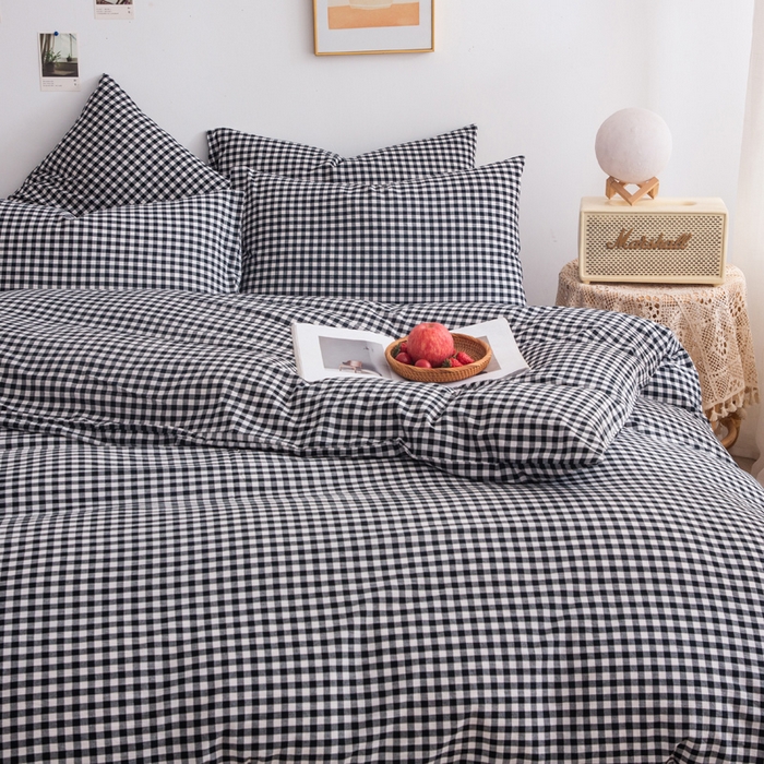 91家纺网 家纺一手货源 找家纺 千姿梦 2025新款全棉水洗棉四件套 黑小格