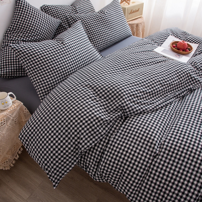 91家纺网 家纺一手货源 找家纺 千姿梦 2025新款全棉水洗棉四件套 黑小格