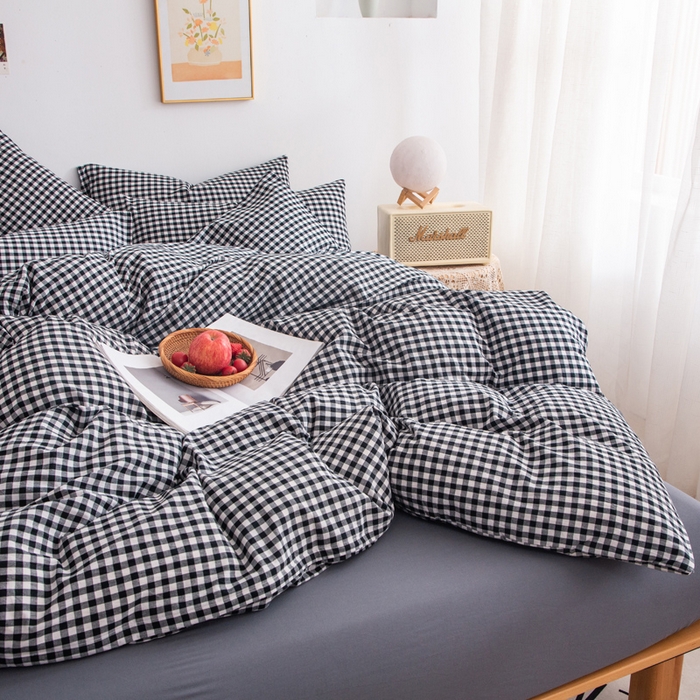 91家纺网 家纺一手货源 找家纺 千姿梦 2025新款全棉水洗棉四件套 黑小格