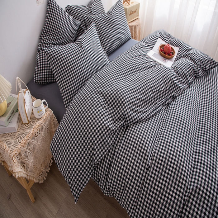 91家纺网 家纺一手货源 找家纺 千姿梦 2025新款全棉水洗棉四件套 黑小格