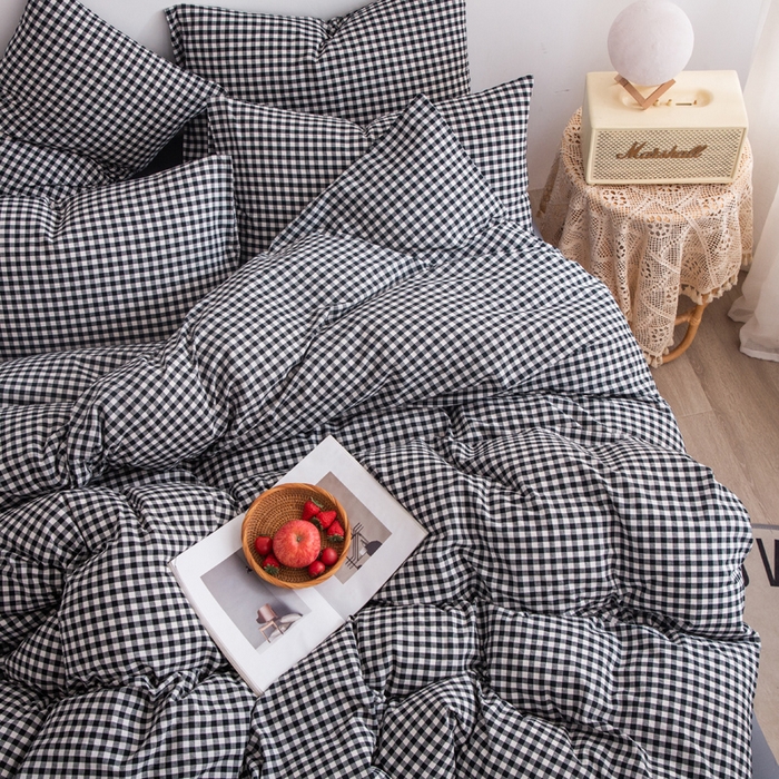 91家纺网 家纺一手货源 找家纺 千姿梦 2025新款全棉水洗棉四件套 黑小格