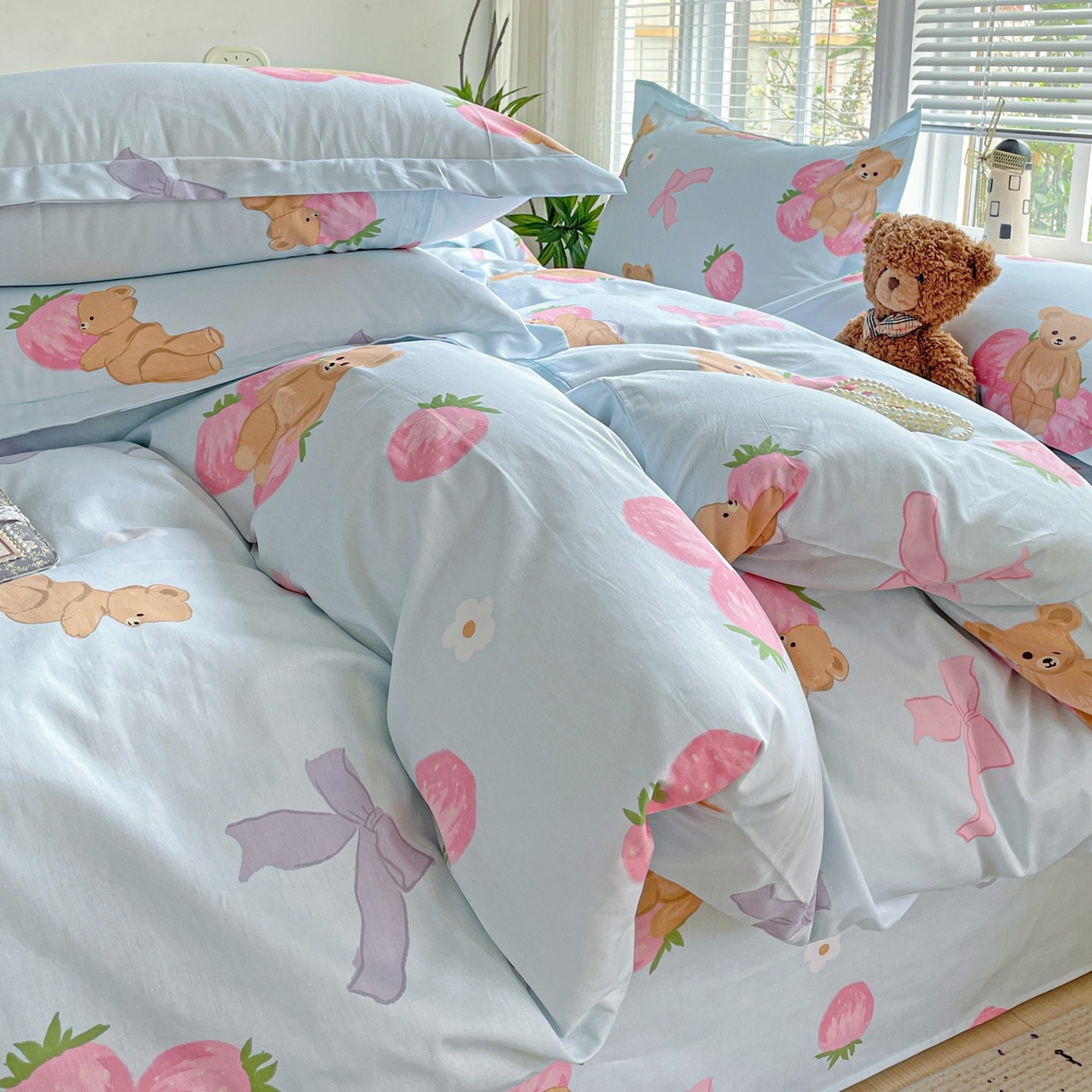 91家纺网 家纺一手货源 找家纺 文黛家居 2025新款全棉喷气印花全棉纯棉印花系列单品被套被套单件单被套 草莓熊-蓝