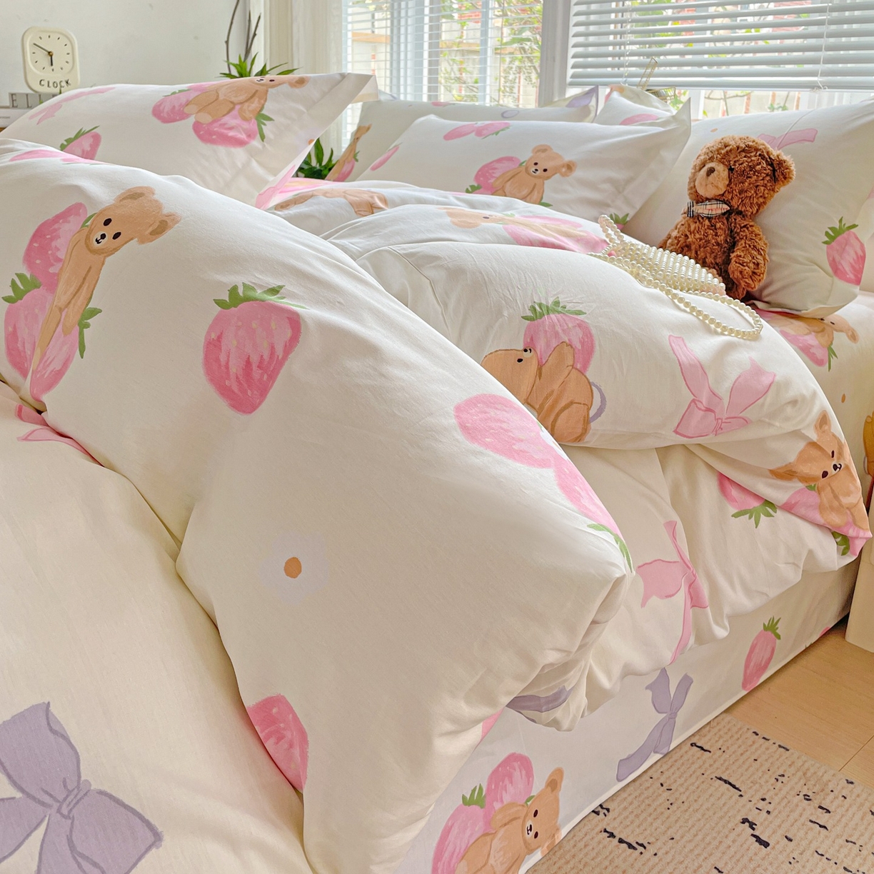 文黛家居 2025新款全棉喷气印花全棉纯棉印花系列四件套 草莓熊-米