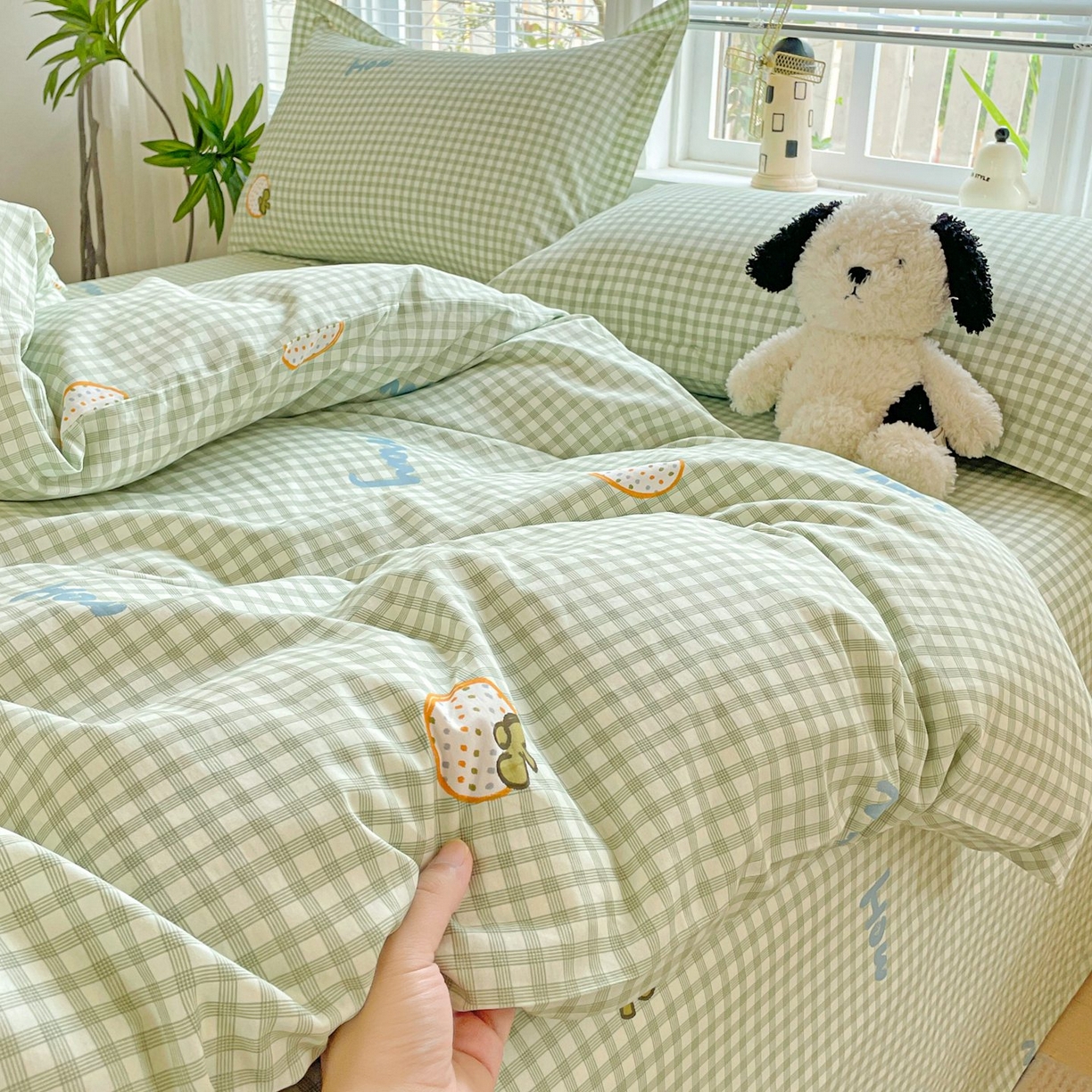 91家纺网 家纺一手货源 找家纺 文黛家居 2025新款全棉喷气印花全棉纯棉印花系列单品被套被套单件单被套 格纹水果