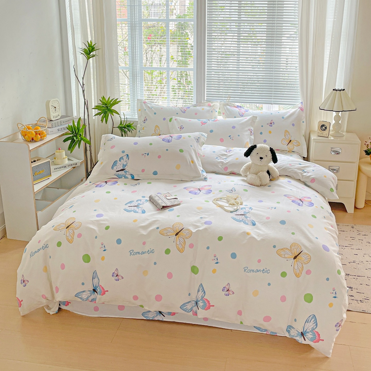 91家纺网 家纺一手货源 找家纺 文黛家居 2025新款全棉喷气印花全棉纯棉印花系列四件套 蝶舞-米黄