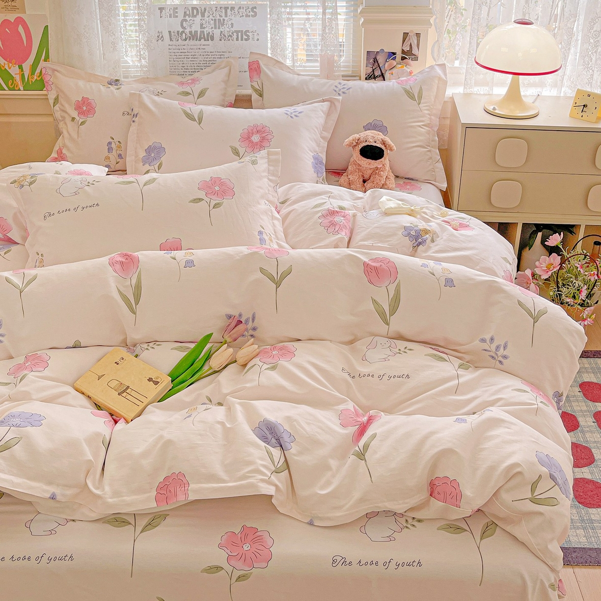 91家纺网 家纺一手货源 找家纺 文黛家居 2025新款全棉喷气印花全棉纯棉印花系列单品被套被套单件单被套 花丛小兔