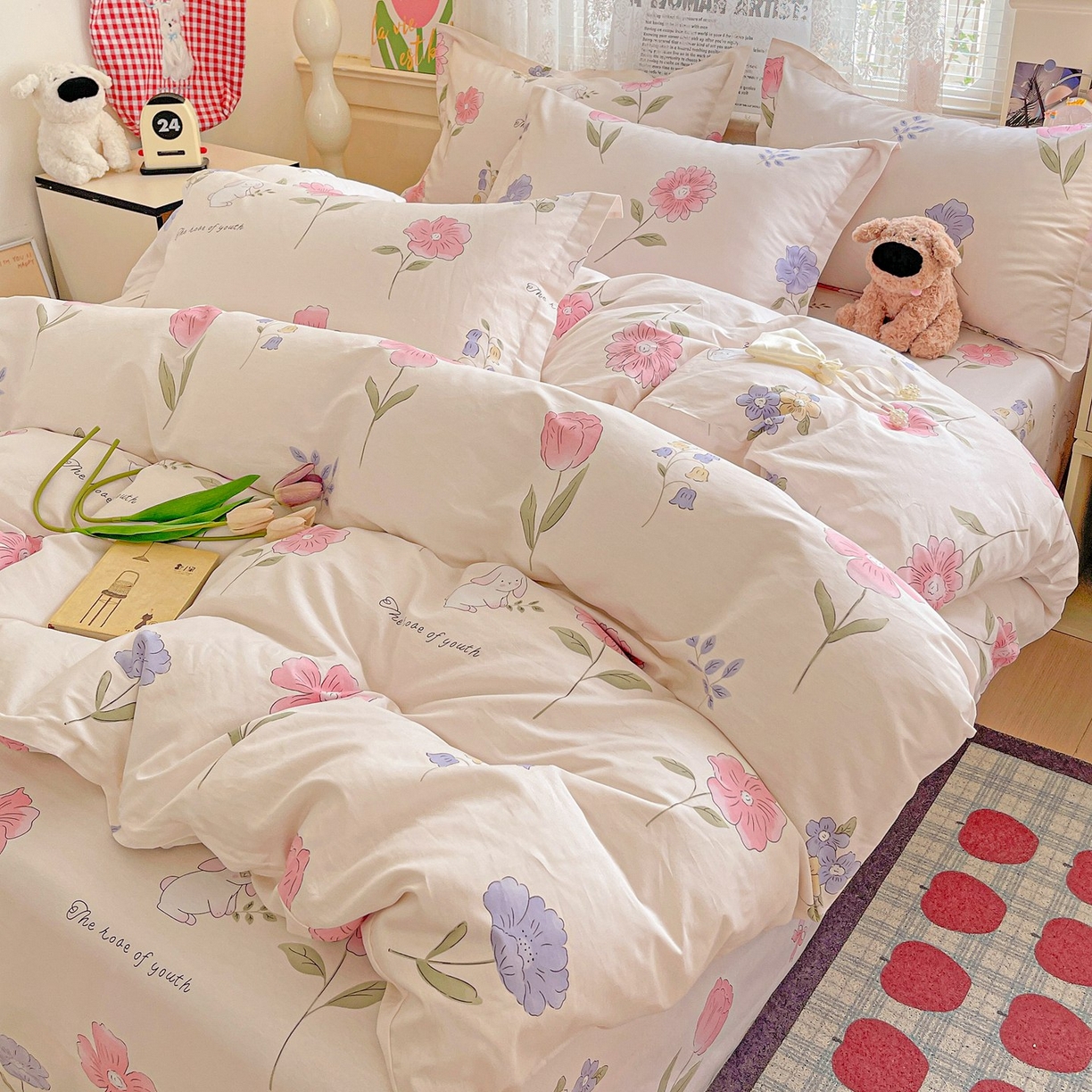 91家纺网 家纺一手货源 找家纺 文黛家居 2025新款全棉喷气印花全棉纯棉印花系列单品被套被套单件单被套 花丛小兔