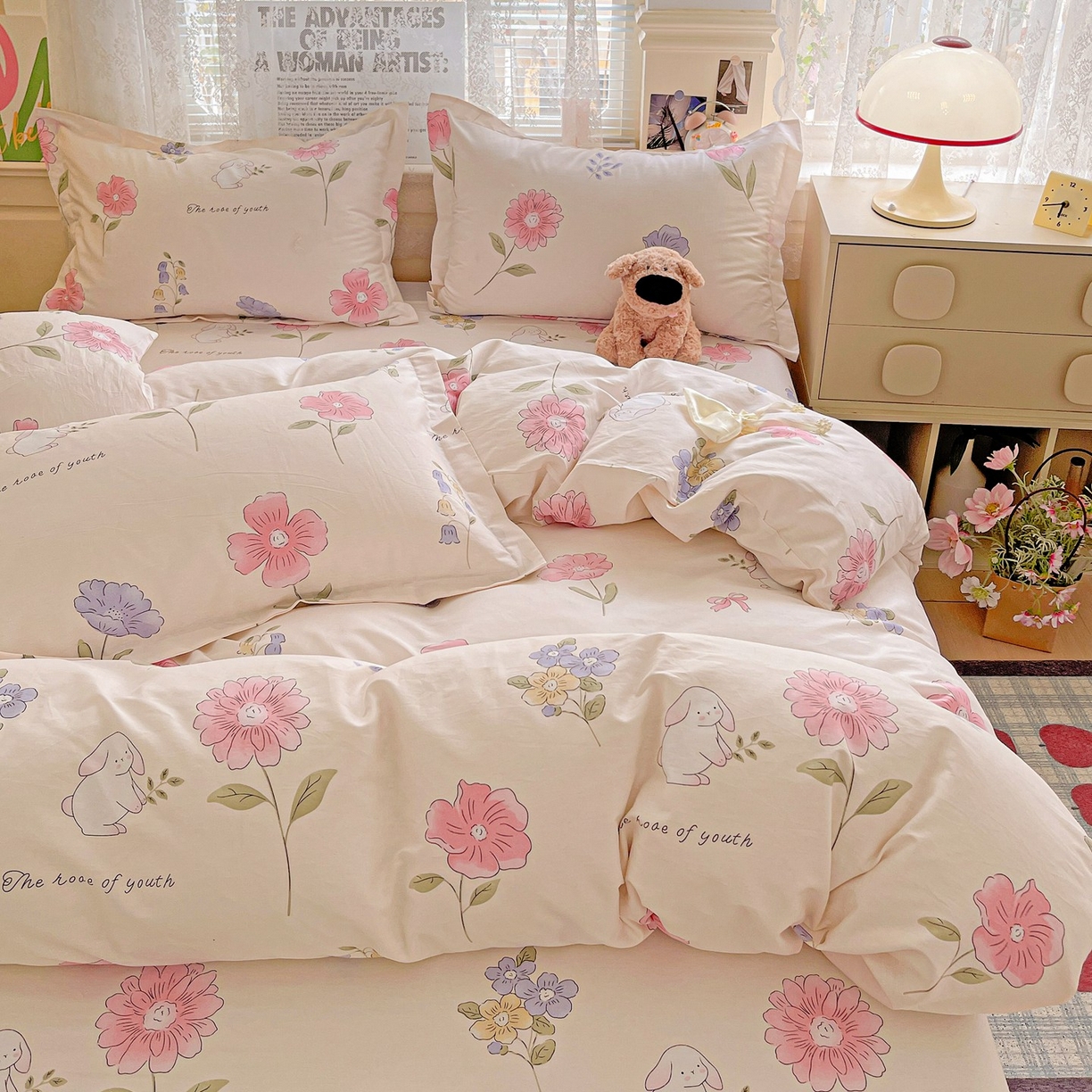 91家纺网 家纺一手货源 找家纺 文黛家居 2025新款全棉喷气印花全棉纯棉印花系列单品被套被套单件单被套 花丛小兔