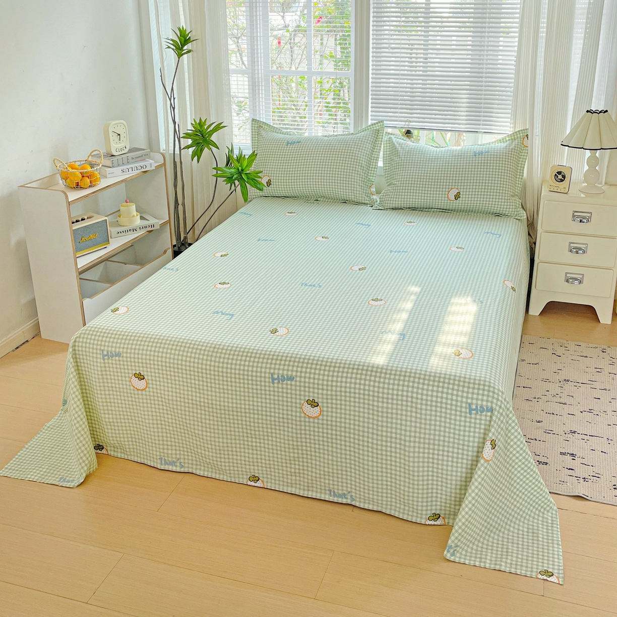 91家纺网 家纺一手货源 找家纺 文黛家居 2025新款全棉喷气印花全棉纯棉印花系列四件套 格纹水果