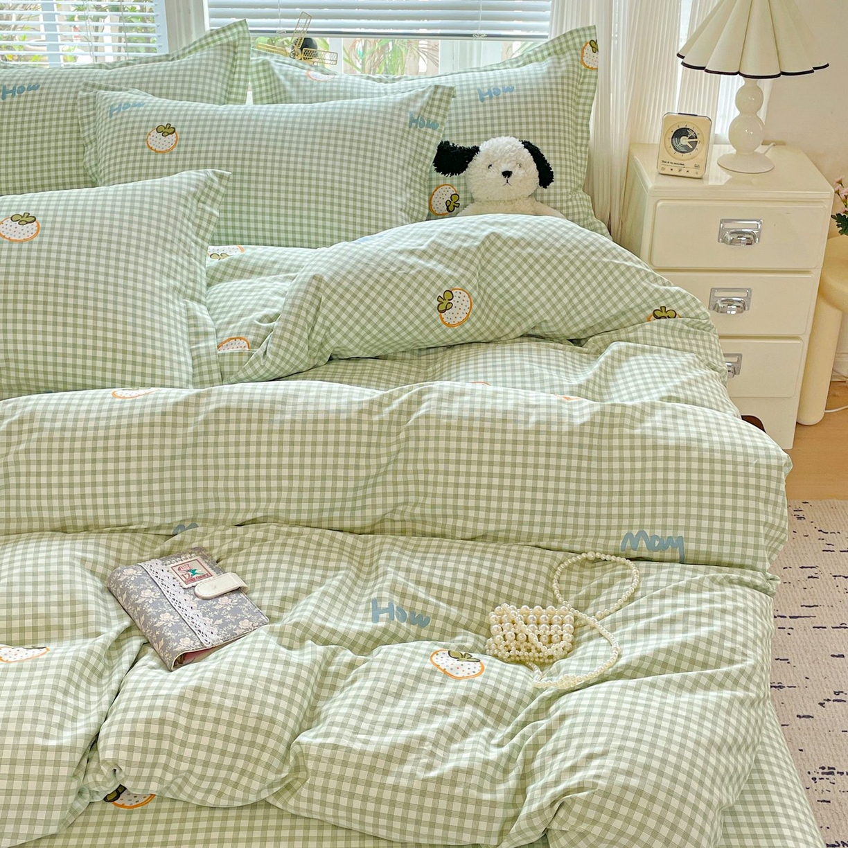 91家纺网 家纺一手货源 找家纺 文黛家居 2025新款全棉喷气印花全棉纯棉印花系列四件套 格纹水果