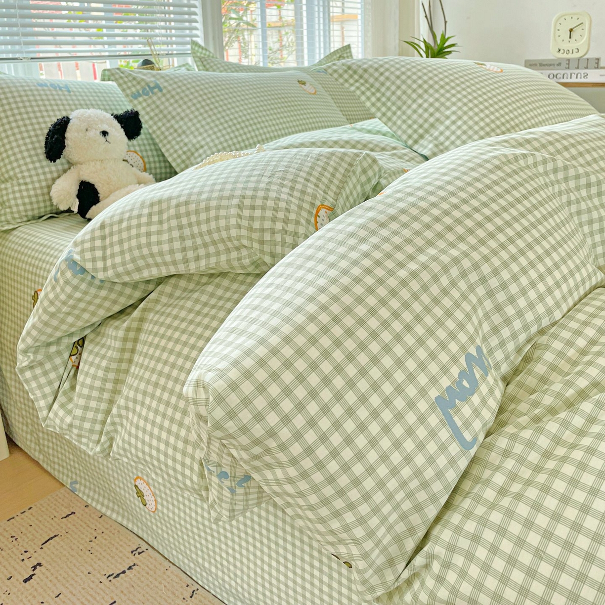 91家纺网 家纺一手货源 找家纺 文黛家居 2025新款全棉喷气印花全棉纯棉印花系列四件套 格纹水果