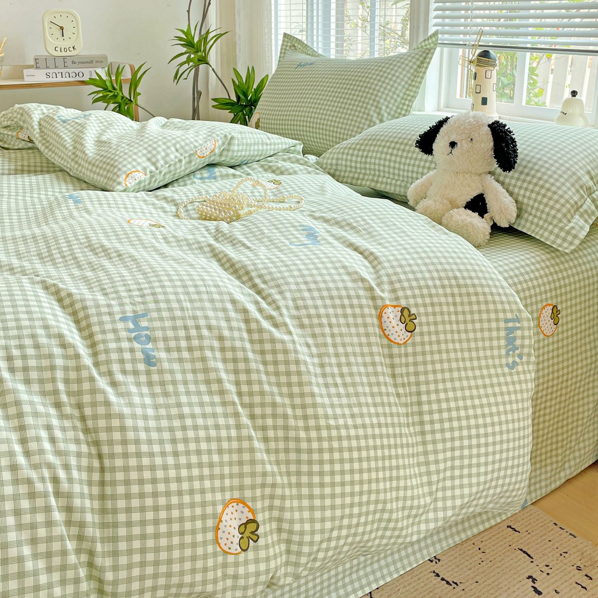 91家纺网 家纺一手货源 找家纺 文黛家居 2025新款全棉喷气印花全棉纯棉印花系列四件套 格纹水果