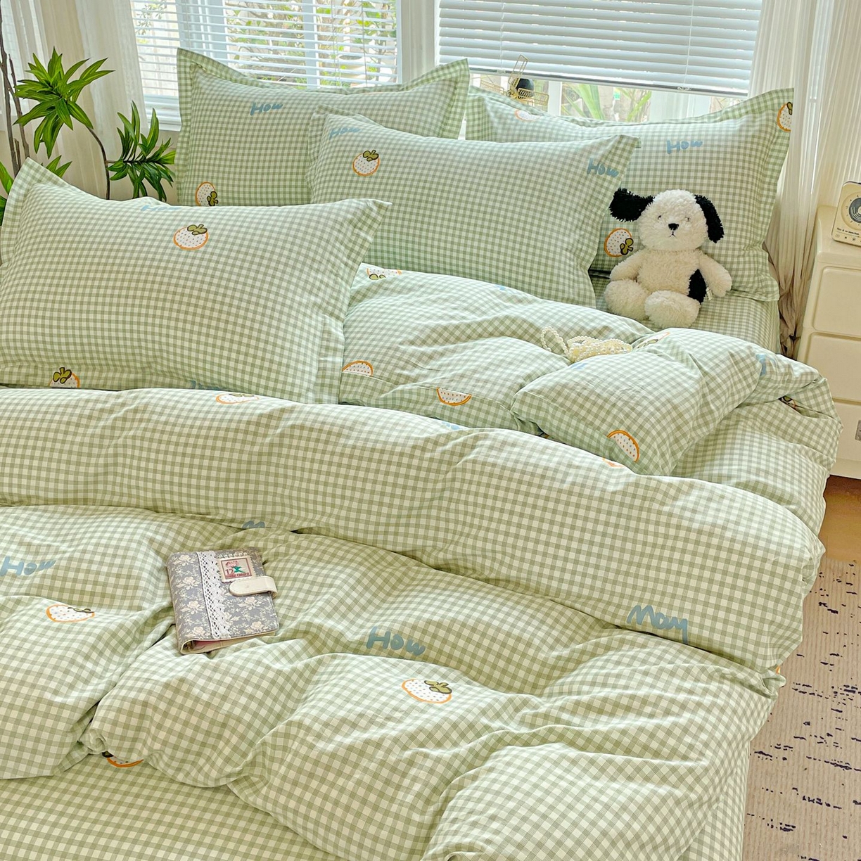 91家纺网 家纺一手货源 找家纺 文黛家居 2025新款全棉喷气印花全棉纯棉印花系列四件套 格纹水果