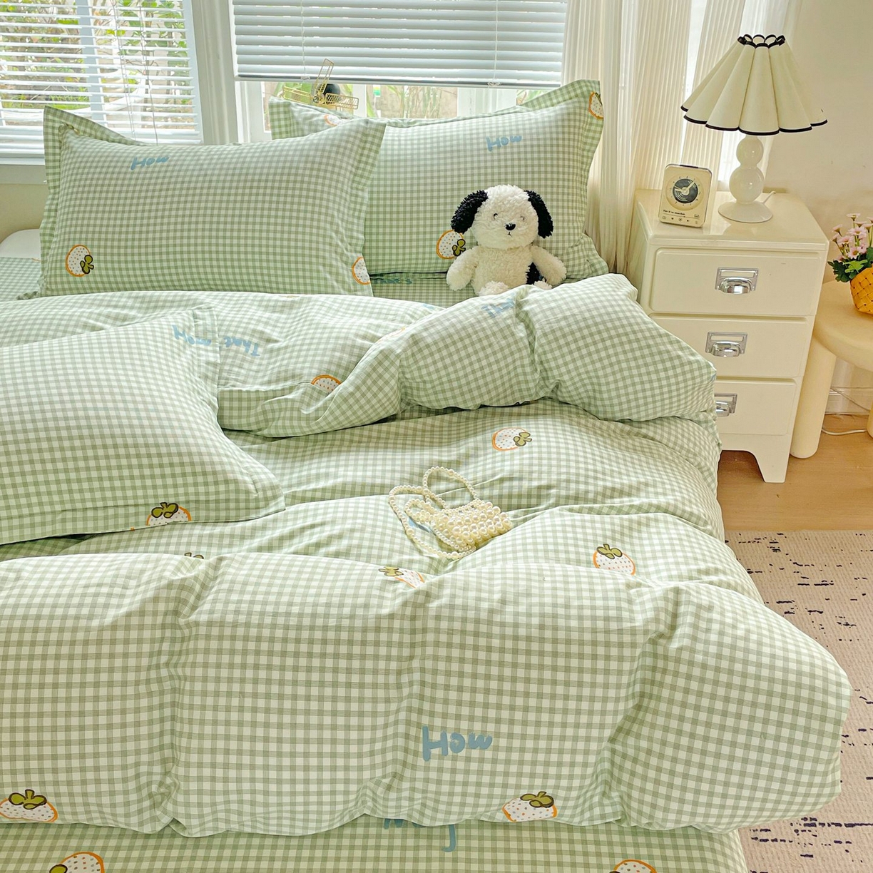 91家纺网 家纺一手货源 找家纺 文黛家居 2025新款全棉喷气印花全棉纯棉印花系列四件套 格纹水果