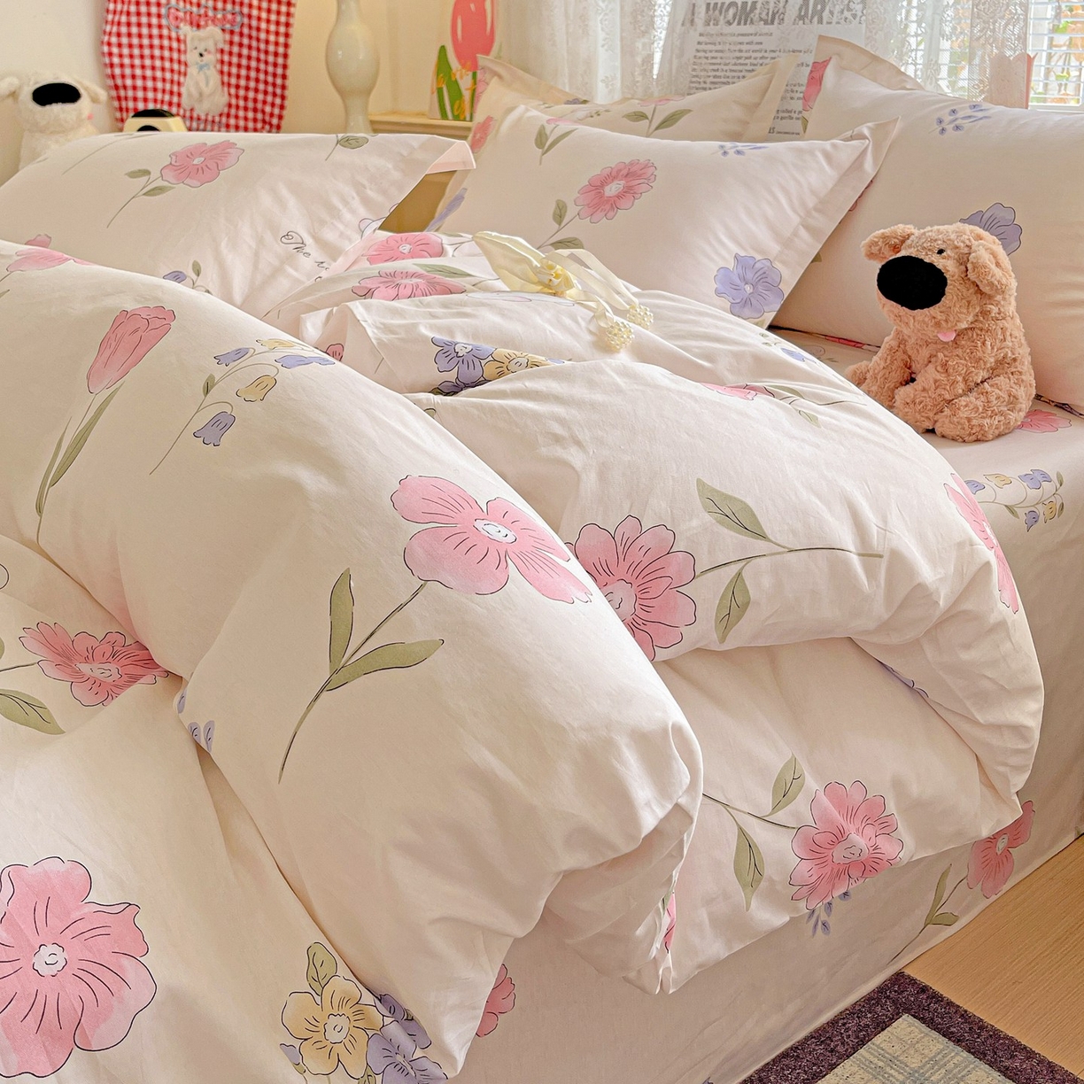 文黛家居 2025新款全棉喷气印花全棉纯棉印花系列四件套 花丛小兔