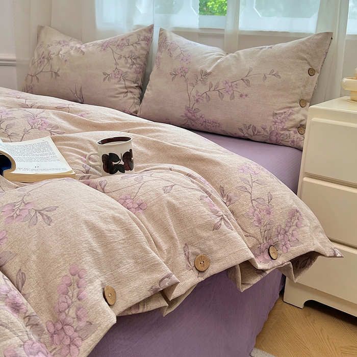 91家纺网 家纺一手货源 找家纺 优佳优品 2025秋冬新款A类高克重亚麻复古侘季风复麻系列四件套 粉花眠语