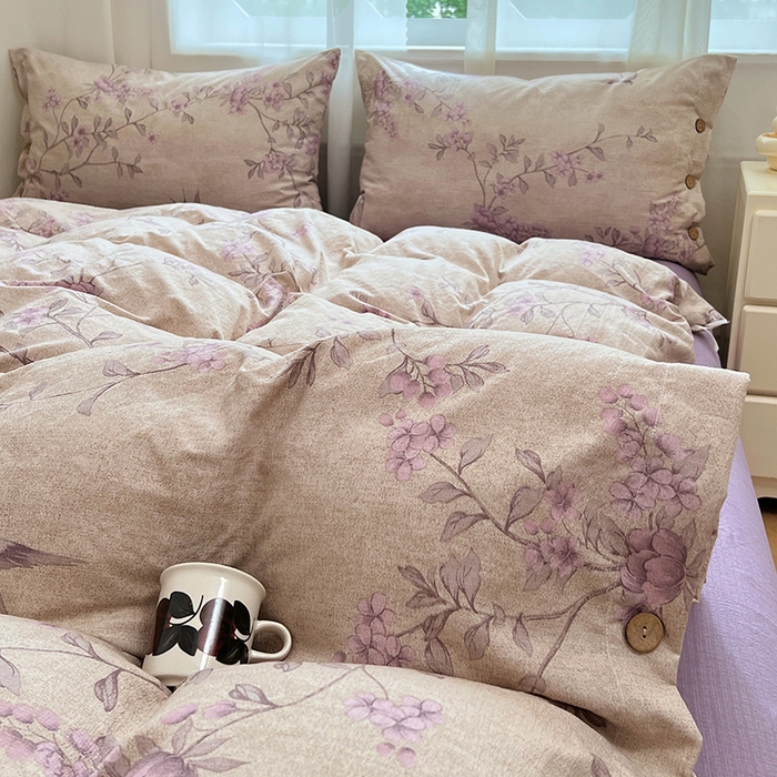 91家纺网 家纺一手货源 找家纺 优佳优品 2025秋冬新款A类高克重亚麻复古侘季风复麻系列四件套 粉花眠语