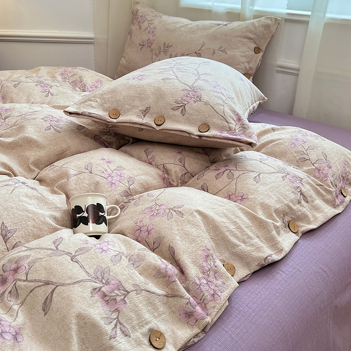 91家纺网 家纺一手货源 找家纺 优佳优品 2025秋冬新款A类高克重亚麻复古侘季风复麻系列四件套 粉花眠语