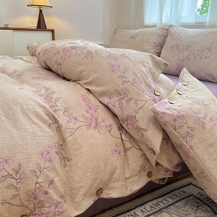 91家纺网 家纺一手货源 找家纺 优佳优品 2025秋冬新款A类高克重亚麻复古侘季风复麻系列四件套 粉花眠语