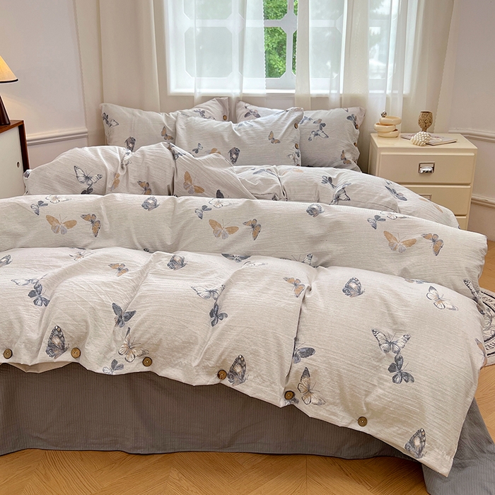 91家纺网 家纺一手货源 找家纺 优佳优品 2025秋冬新款A类高克重亚麻复古侘季风复麻系列四件套 蝶梦浅纱