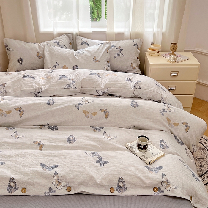 91家纺网 家纺一手货源 找家纺 优佳优品 2025秋冬新款A类高克重亚麻复古侘季风复麻系列四件套 蝶梦浅纱