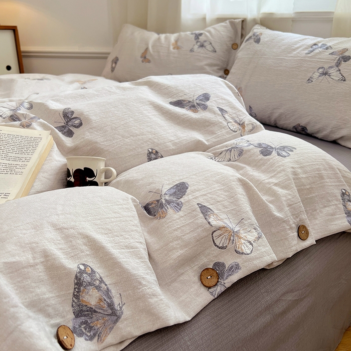 91家纺网 家纺一手货源 找家纺 优佳优品 2025秋冬新款A类高克重亚麻复古侘季风复麻系列四件套 蝶梦浅纱