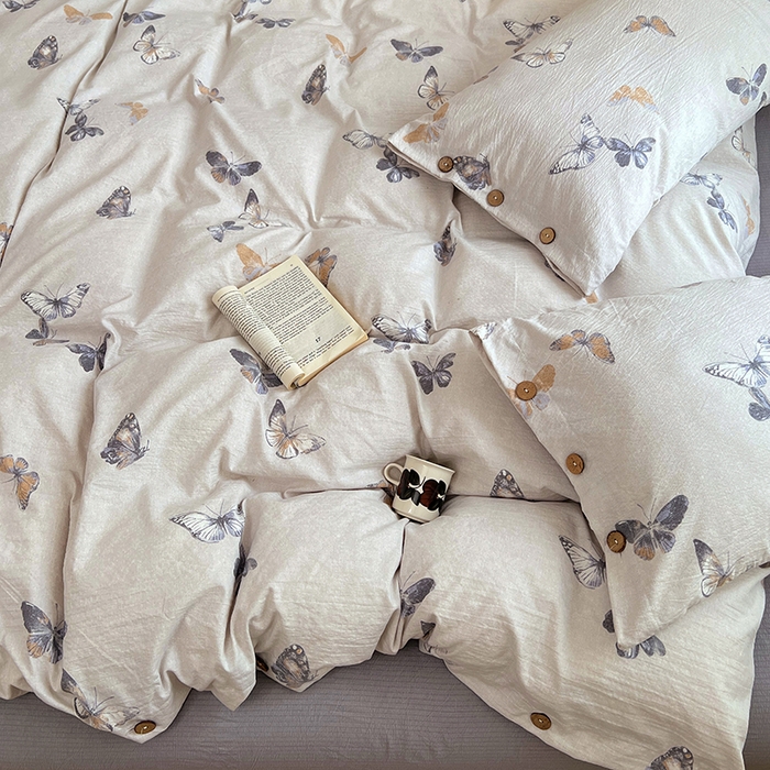 91家纺网 家纺一手货源 找家纺 优佳优品 2025秋冬新款A类高克重亚麻复古侘季风复麻系列四件套 蝶梦浅纱